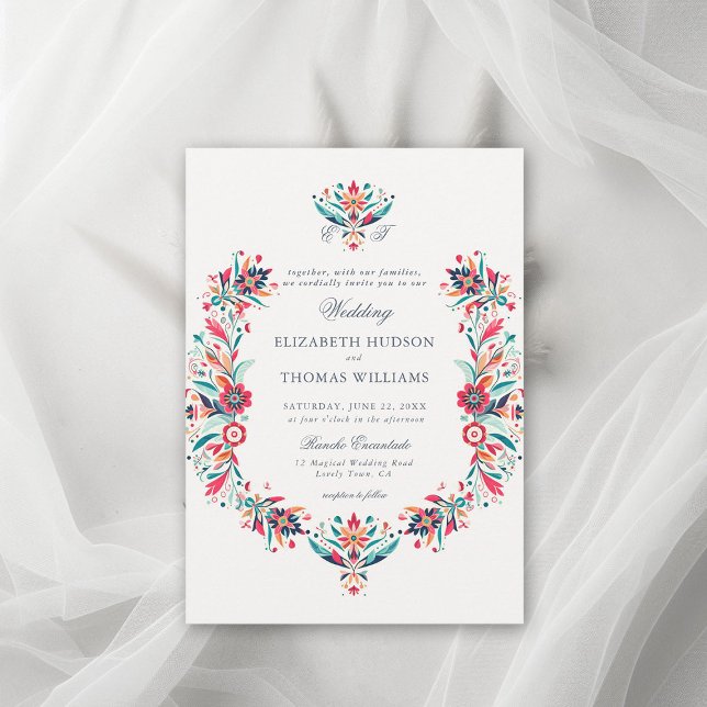 Convite Casamento de Crest Elegante de Frame Floral Mexica (rancho wedding mexican invitation floral frame watercolor wildflower formal classic traditional)