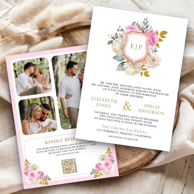 Convite Casamento de Crest Foto com Código QR Floral de Pa (Criador carregado)