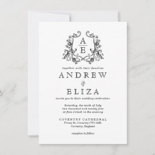 Convite Casamento de Crest. Monograma Branco e Preto Chic