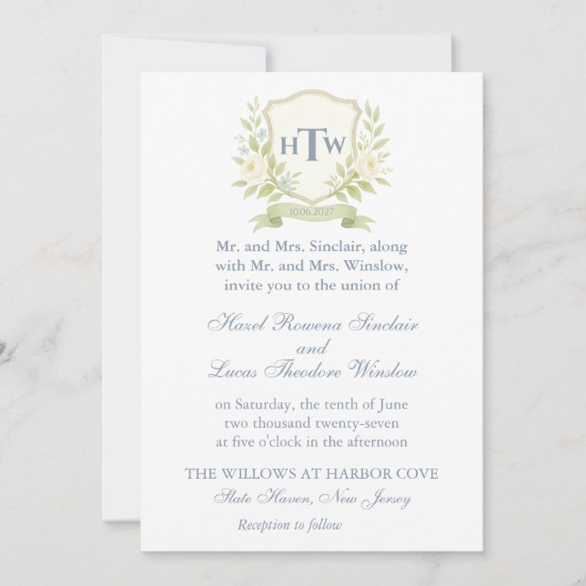 Convite Casamento de Crest Monograma Elegante (Frente)