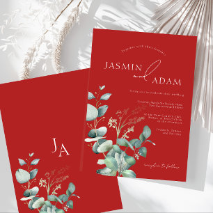 Convite Casamento de Crimson Red Eucalyptus Greenery Monog