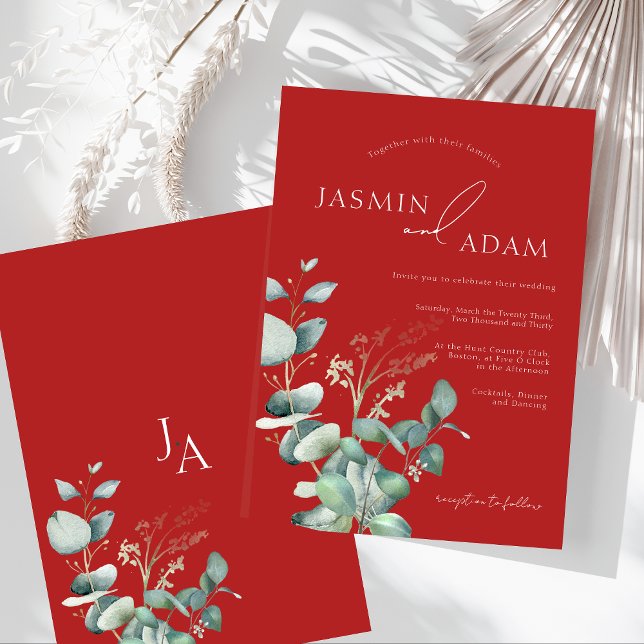 Convite Casamento de Crimson Red Eucalyptus Greenery Monog (Crimson Red Eucalyptus Greenery Monogram Wedding Invitation)