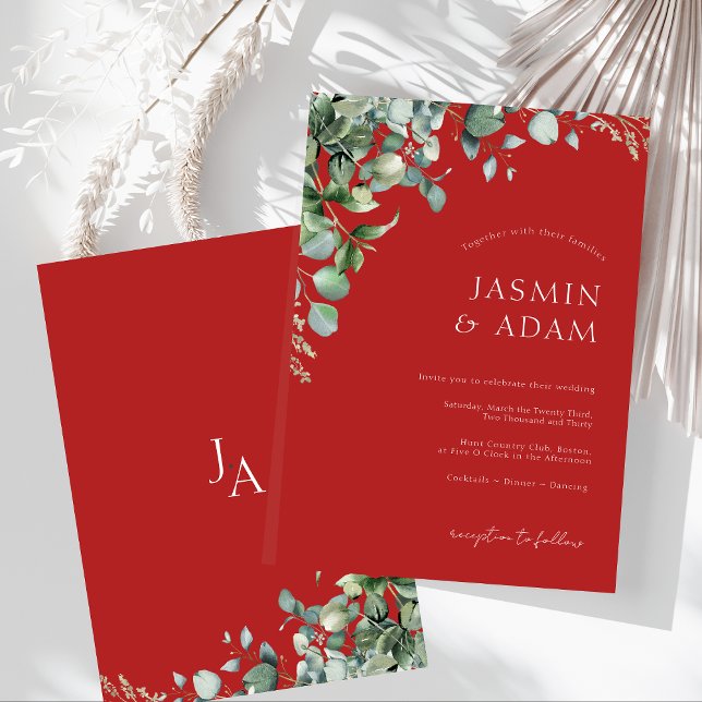 Convite Casamento de Crimson Vermelho Eucalyptus Greenery (Festive Crimson Red Eucalyptus Greenery Wedding Invitation)