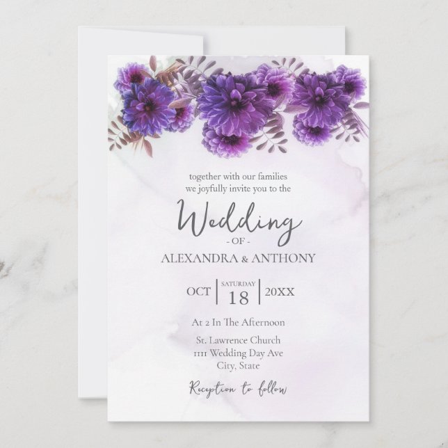 Convite Casamento de Crisântemo com Aquarela Roxa (Frente)