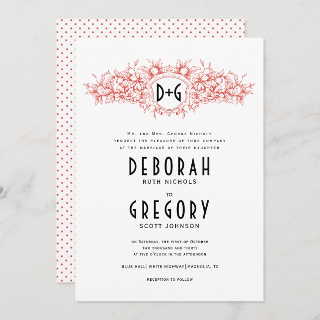 Convite Casamento de crista heráldica de vintage vermelha  (Frente/Verso)