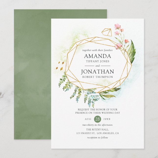 Convite Casamento de Cristal Geométrico com Aquarela Verde (Frente/Verso)