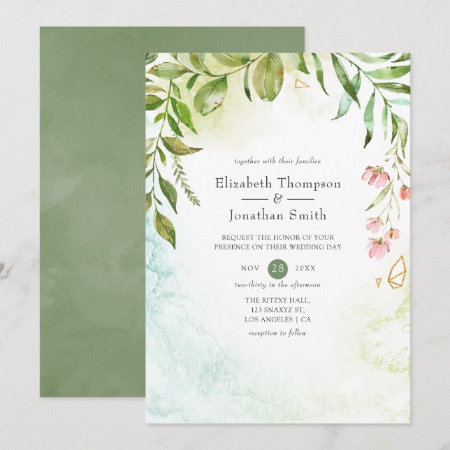 Convite Casamento de Cristal Geométrico com Aquarela Verde (Frente/Verso)