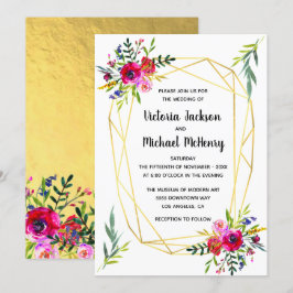 Convite Casamento de Cristal Geométrico Dourado Floral