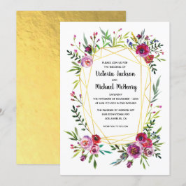 Convite Casamento de Cristal Geométrico Dourado Floral