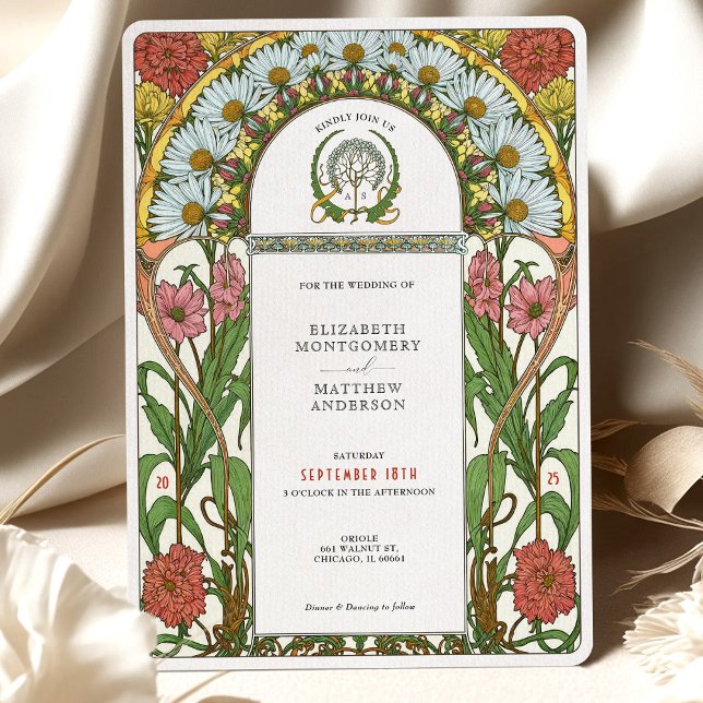 Convite Casamento de Daisies e Zinnias Rosa Art Nouveau (Criador carregado)