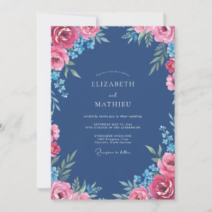 Convite Casamento de Dália Magenta Azul Aço