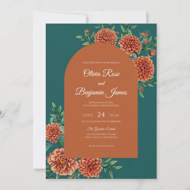Convite Casamento de Dália Teal Rust Silvestre (Frente)