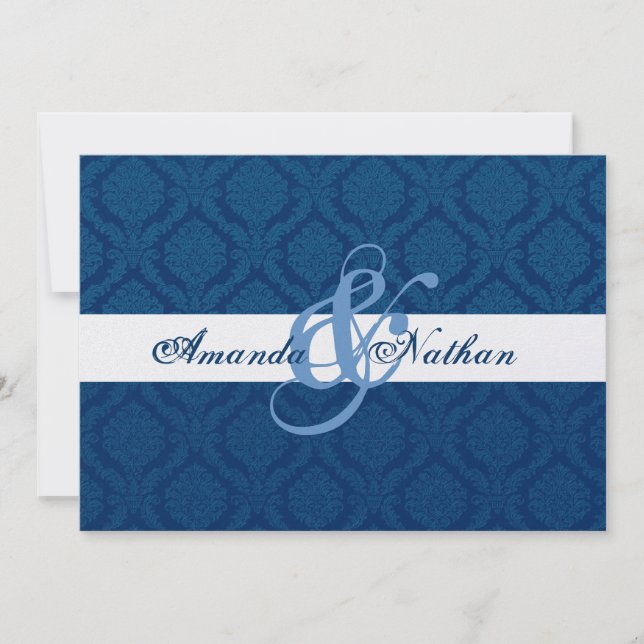 Convite Casamento de Damasco Azul-Marinho e Branco (Frente)