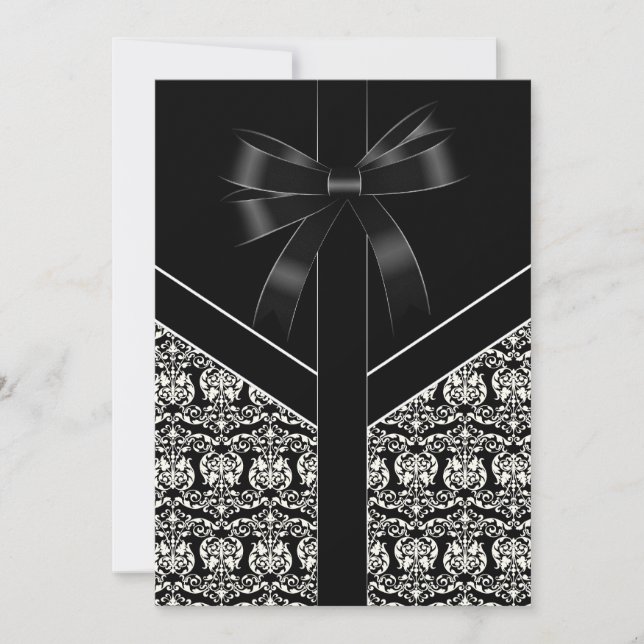 Convite Casamento de Damasco Branco e Preto Elegante (Frente)