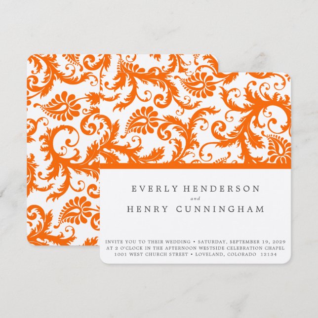 Convite Casamento de Damasco de Terracota Coral Laranja  (Frente/Verso)
