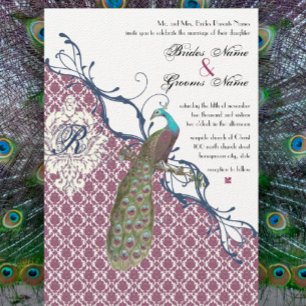 Convite Casamento de Damasco Elegante Pavão Azul e Berry B
