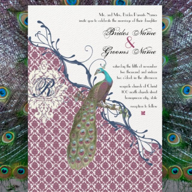 Convite Casamento de Damasco Elegante Pavão Azul e Berry B (Criador carregado)