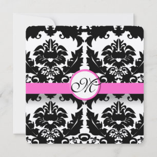 Convite Casamento de Damasco Floral Preto e Branco com Cor