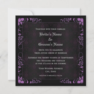 Convite Casamento de Damasco Floral Preto e Roxo Elegante