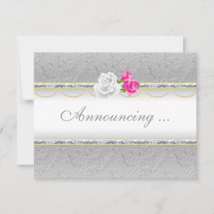 Convite Casamento de Damasco Prateado e Rosa Pink Elegante