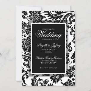 Convite Casamento de damasco preto e branco elegante