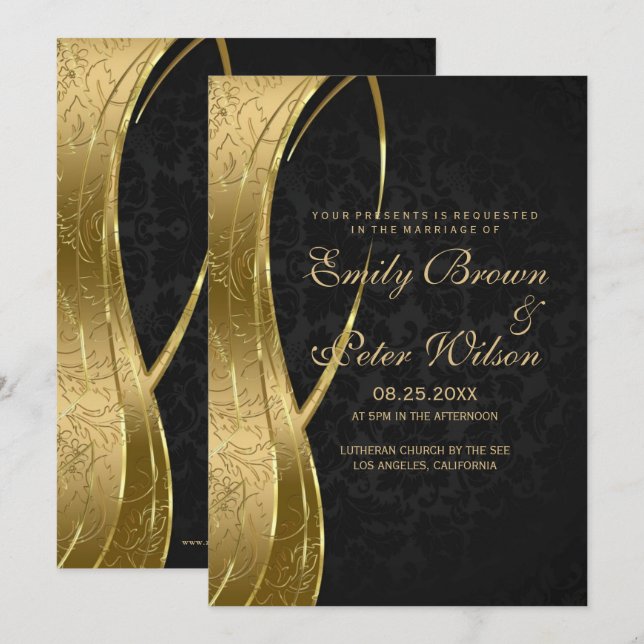 Convite Casamento de Damasco Preto e Dourado Elegante (Frente/Verso)
