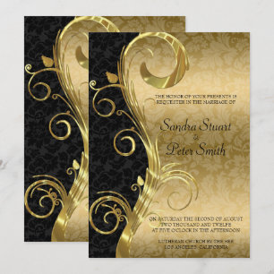 Convite Casamento de Damasco Preto e Redemoinho Dourado