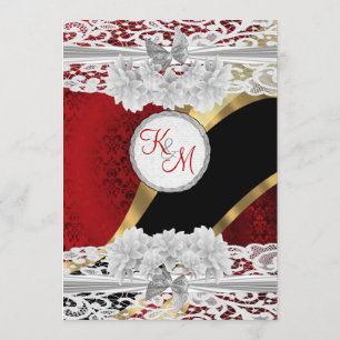 Convite Casamento de damasco vermelho e monograma branco