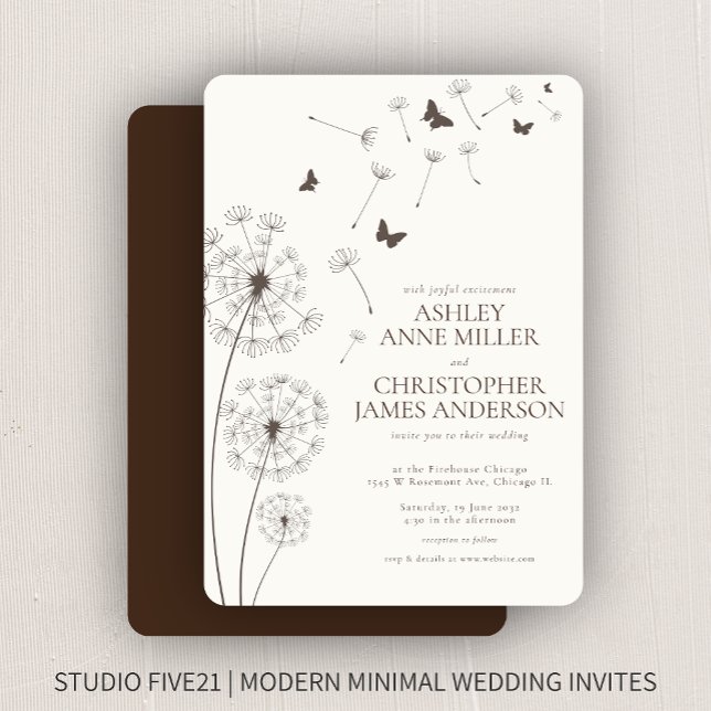 Convite Casamento de Dandelion Marrom, Moderno e Simples (Criador carregado)
