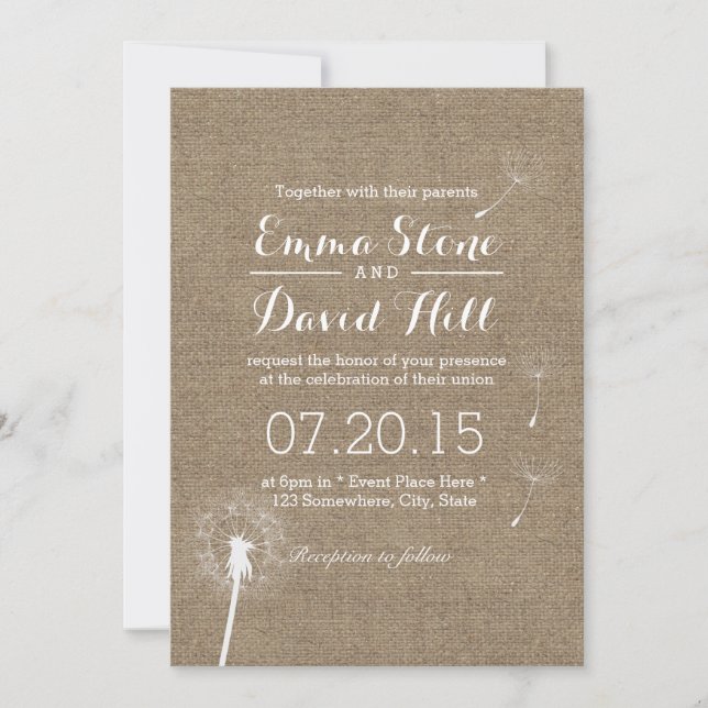 Convite Casamento de Dandelion Soprado em Burlap Elegante (Frente)