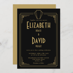 Convite Casamento De Deco De Arte 1920 Preta E Dourada