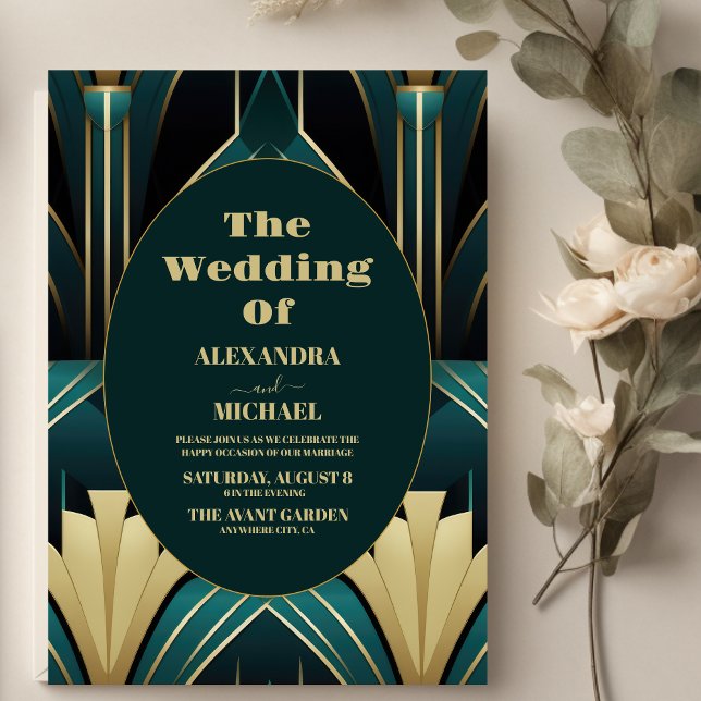 Convite Casamento de Deco Verde e Dourado Elegante (Criador carregado)