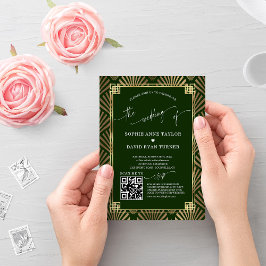 Convite Casamento de Deco Verde Escuro Dourado do Código Q