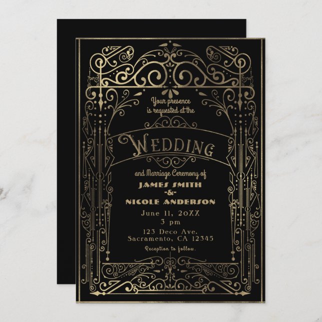 Convite Casamento de Deco Vitoriano Preto e Dourado (Frente/Verso)
