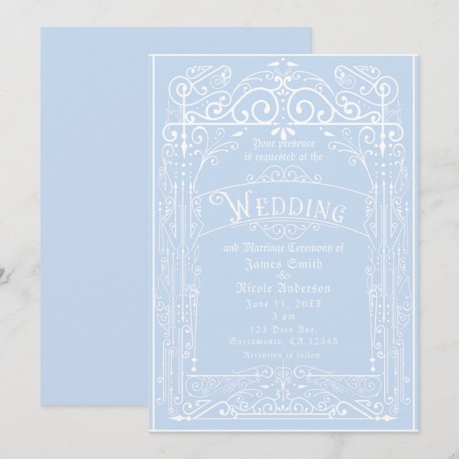 Convite Casamento de Deco Vitoriano Vitoriano Azul-Claro e (Frente/Verso)
