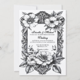 Convite Casamento de Decoração Vintage Floral Black & Whit