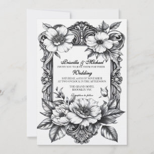 Convite Casamento de Decoração Vintage Floral Black & Whit