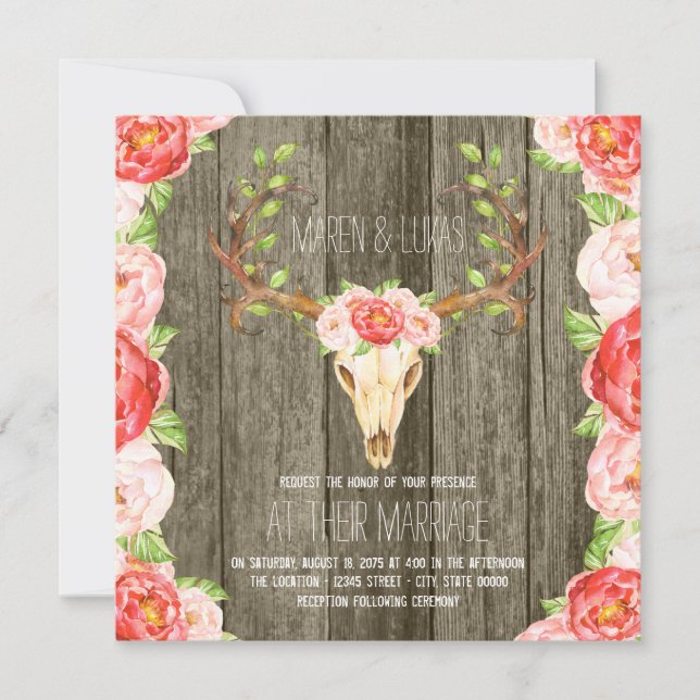 Convite Casamento de Deer Antler Rustic Wood Southwestern (Frente)