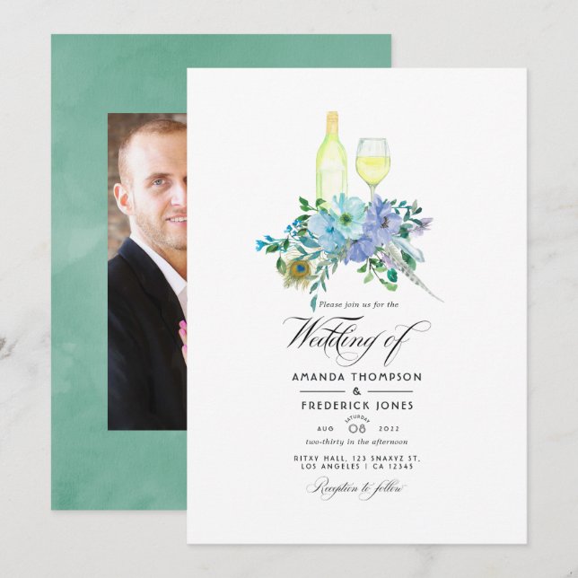 Convite Casamento de Degustação de Vinho Boho Verde-Mint e (Frente/Verso)