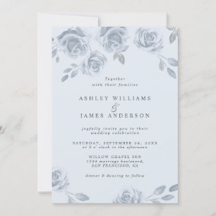 Convite Casamento de Derramado Azul Floral Elegante