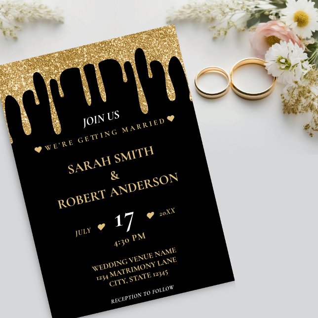 Convite Casamento de Derramamento de Literatura Preta e Do (Black & Gold Glitter Drip Wedding Invitation)
