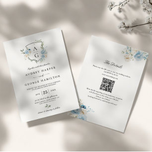 Convite Casamento de Derrame Azul Elegante Monograma Flora