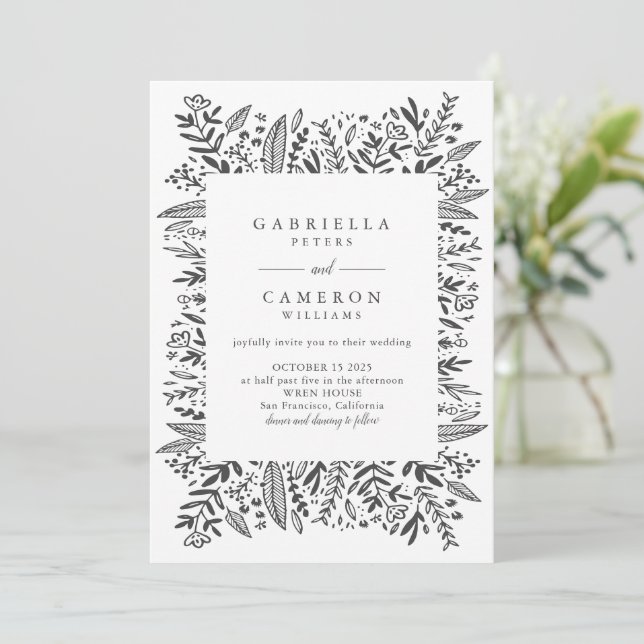 Convite Casamento de Desenho de Linha Floral Branco Chic B (Em pé/Frente)