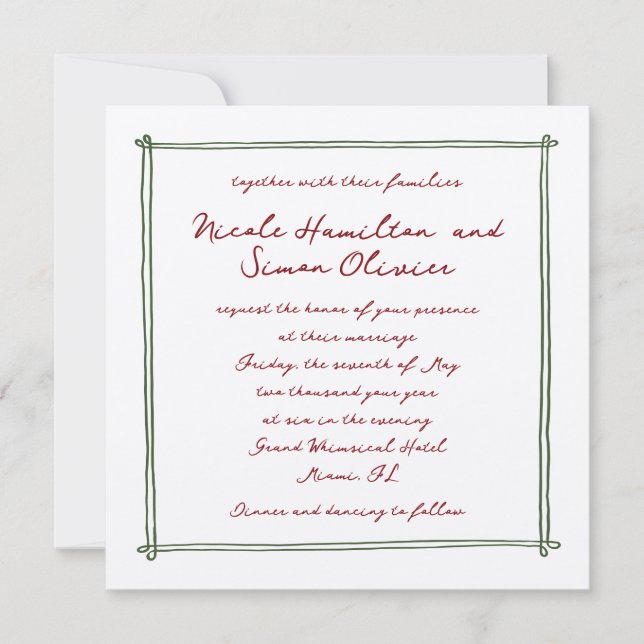 Convite Casamento de Desenho de Mão Branca Verde (Frente)