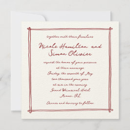 Convite Casamento de Desenho de Mão Branca Vermelha com qu