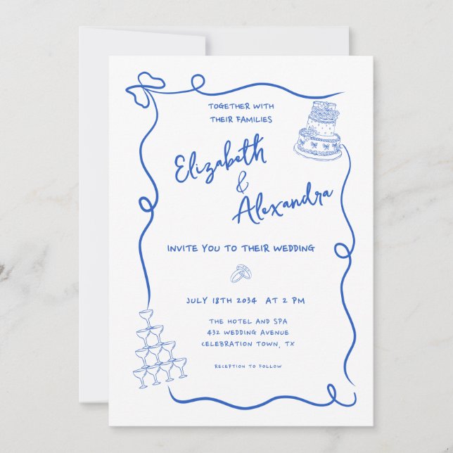 Convite Casamento De Desenho De Mão De Branco Azul (Frente)