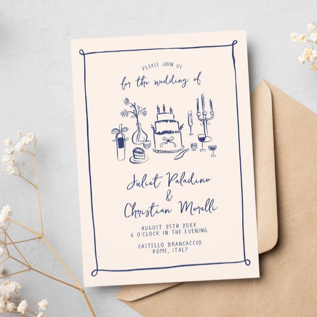 Convite Casamento de Desenho de Mão Escrivível Whimsical (whimsical hand drawn wedding invitation with wedding table cake and drink illustrations)