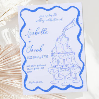 Convite Casamento de Desenho de Mão Onda Torre Azul Champa