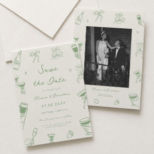Convite Casamento de Desenho de Mão Verde Salve a Foto de 