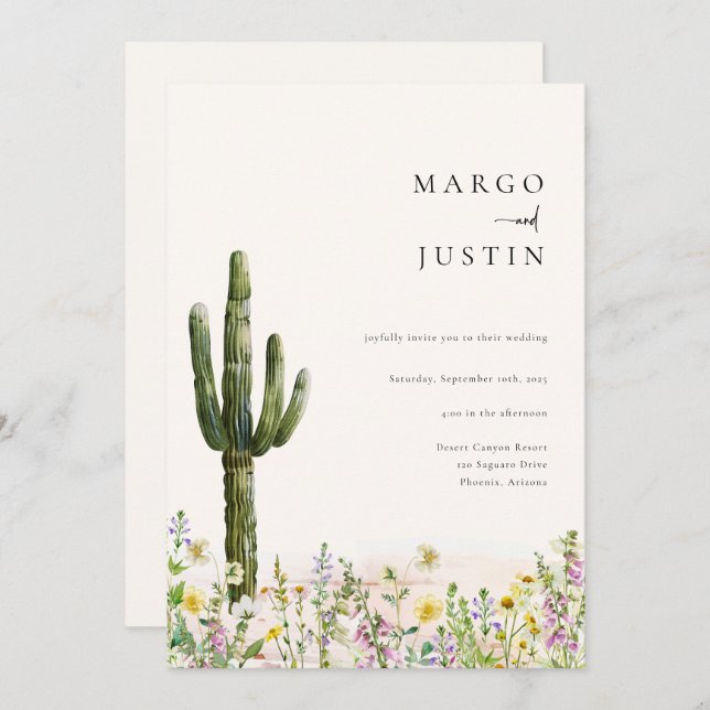 Convite Casamento de Desert Cactus Wildflower (Frente/Verso)